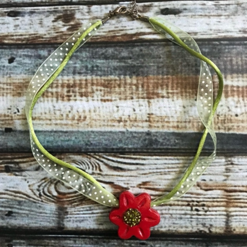 Red Flower Bead Ribbon Necklace